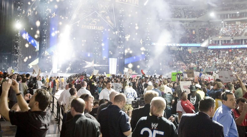 The opening fireworks as WrestleMania 25 at Reliant Stadium in Houston on April 5, 2009.T housands of fans are gearing up for the big show this weekend in New Orleans.