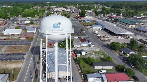 A water tower decorated with blueberries sits over the city of Alma on Tuesday, April 21, 2026. Alma hosts the yearly Georgia Blueberry Festival. (Miguel Martinez/AJC)