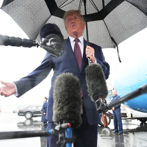 President Donald Trump speaks to the media after disembarking Air Force One at Reading Regional Airport, Tuesday, June 23, 2026, in Reading, Pa. (AP Photo/Julia Demaree Nikhinson)