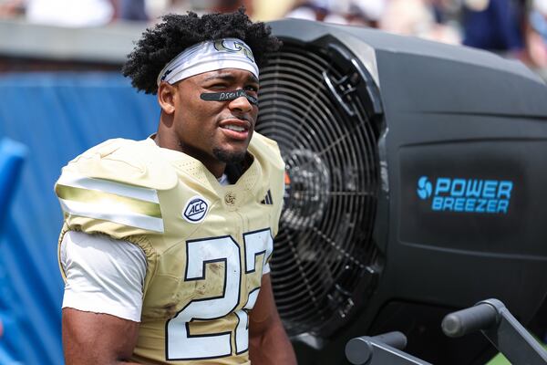 Georgia Tech running back Justice Haynes (22) looks on during the White and Gold spring game at Bobby Dodd Stadium at Hyundai Field, Saturday, April 18, 2026, in Atlanta. (Colin Hubbard for the AJC)