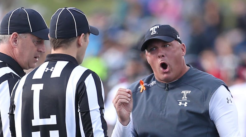 ANNAPOLIS, MD - OCTOBER 13: Head coach Geoff Collins of the Temple Owls disagrees with referees during the first half against the Navy Midshipmen at Navy-Marines Memorial Stadium on October 13, 2018 in Annapolis, Maryland. (Photo by Will Newton/Getty Images)