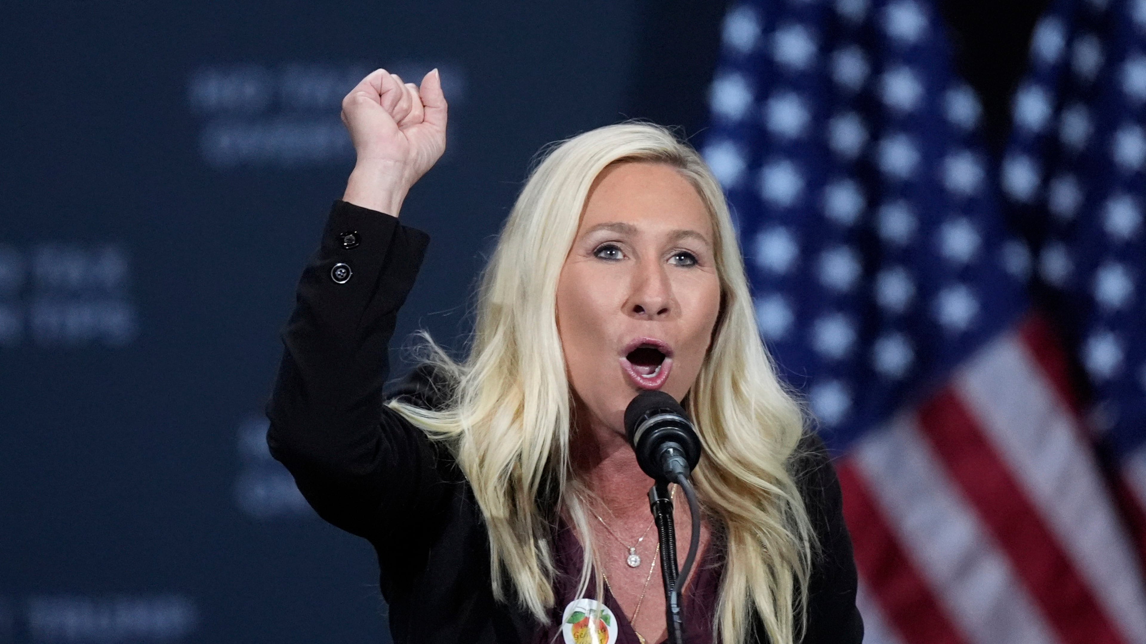 FILE - Rep. Marjorie Taylor Greene, R-Ga., speaks before Republican presidential nominee former President Donald Trump at a campaign event at the Cobb Energy Performing Arts Centre, Oct. 15, 2024, in Atlanta. (AP Photo/John Bazemore, File)