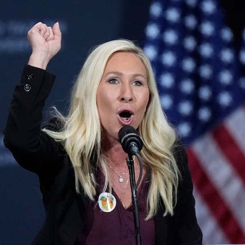 FILE - Rep. Marjorie Taylor Greene, R-Ga., speaks before Republican presidential nominee former President Donald Trump at a campaign event at the Cobb Energy Performing Arts Centre, Oct. 15, 2024, in Atlanta. (AP Photo/John Bazemore, File)