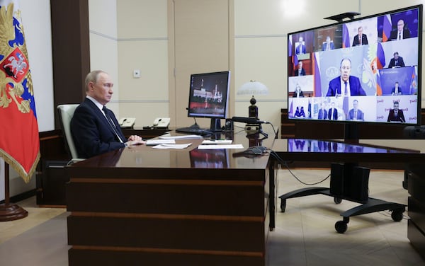 Russian President Vladimir Putin chairs a cabinet meeting via videoconference at Novo-Ogaryovo state residence outside of Moscow, Russia, Wednesday, June 4, 2025. (Gavriil Grigorov, Sputnik, Kremlin Pool Photo via AP)
