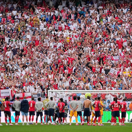 England fans react after the World Cup Group L soccer match between Panama and England in East Rutherford, N.J., near New York, Saturday, June 27, 2026. (Yuki Iwamura/AP)