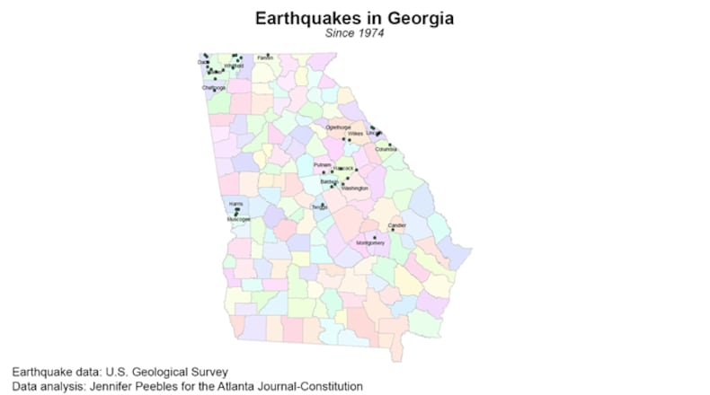 Earthquakes in Georgia since 1974. Data from the U.S. Geological Survey. Data analysis by Jennifer Peebles for the Atlanta Journal-Constitution.
