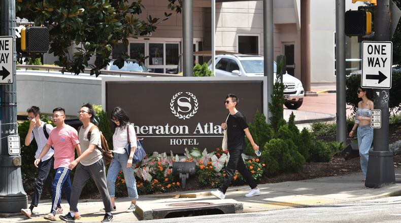 August 8 2019 Atlanta - Exterior of the Sheraton Atlanta in downtown Atlanta on Thursday, August 8, 2019. The Sheraton Atlanta is now tied to the largest Legionnaires outbreak in Georgia. Nearly a month after her death, health authorities are confirming that a Decatur woman who attended a conference at the Sheraton Atlanta succumbed to heart disease aggravated by a bacteria possibly picked up at the hotel. (Hyosub Shin / Hyosub.Shin@ajc.com)