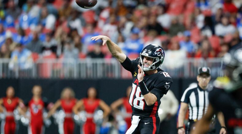 Atlanta Falcons quarterback Kirk Cousins (18) attempts a pass during the first half of an NFL football game against the Los Angeles Chargers on Sunday, December 1, 2024, at Mercedes-Benz Stadium in Atlanta.
(Miguel Martinez/ AJC)