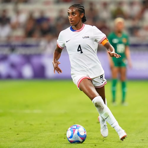 FILE - United States' Naomi Girma controls the ball during a women's group B match between the United States and Zambia at Nice Stadium at the 2024 Summer Olympics, July 25, 2024, in Nice, France. (AP Photo/Julio Cortez, File)