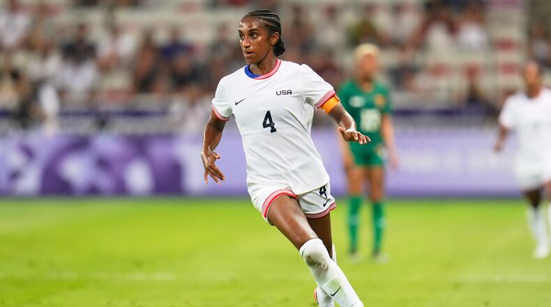 FILE - United States' Naomi Girma controls the ball during a women's group B match between the United States and Zambia at Nice Stadium at the 2024 Summer Olympics, July 25, 2024, in Nice, France. (AP Photo/Julio Cortez, File)