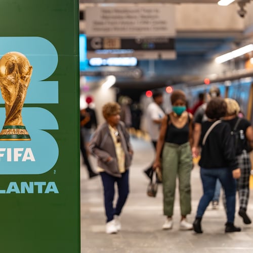A FIFA World Cup poster is placed inside the Five Points MARTA station on Friday, June 5, 2026. (Ben Hendren for the AJC)