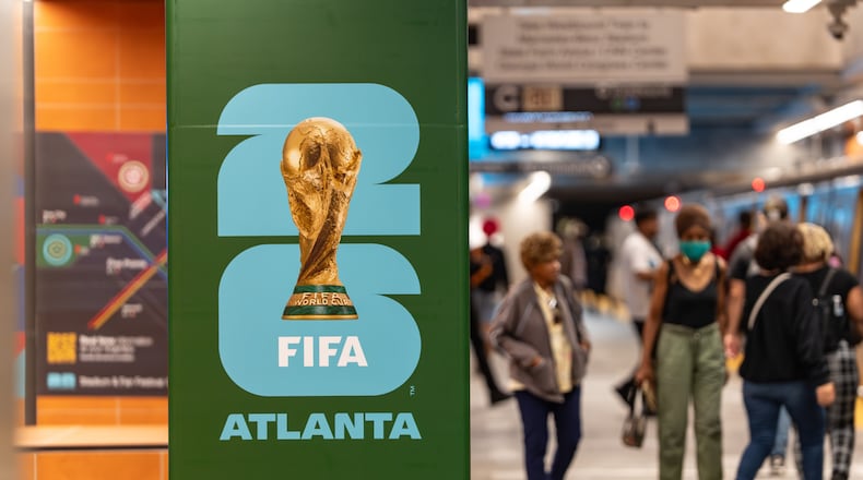 A FIFA World Cup poster is placed inside the Five Points MARTA station on Friday, June 5, 2026. (Ben Hendren for the AJC)
