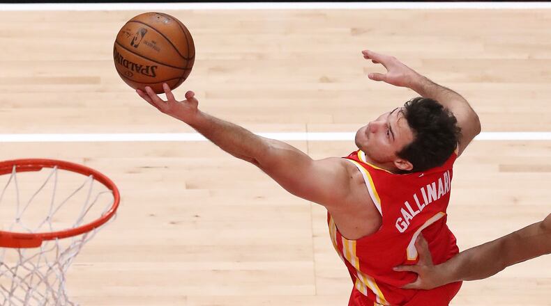 Hawks forward Danilo Gallinari goes to the basket against the Brooklyn Nets Wednesday, Jan. 27, 2021, at State Farm Arena in Atlanta. (Curtis Compton / Curtis.Compton@ajc.com)