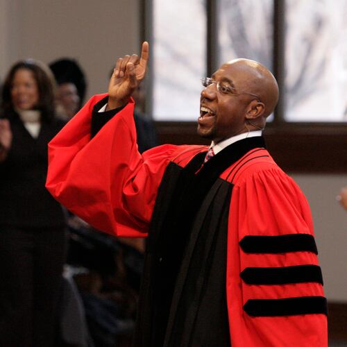 FILE - The Rev. Raphael Warnock delivers a sermon during a church service at Ebenezer Baptist Church in Atlanta on Sunday Jan. 18, 2009. (AP Photo/John Amis, File)