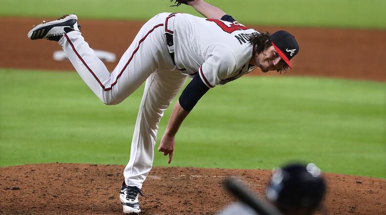 073020 Atlanta: Atlanta Braves pitcher Luke Jackson gets Tampa Bay Rays Manuel Margot to pop up for the out during the 8th inning in a MLB baseball game on Thursday, July 30, 2020 in Atlanta. The Braves beat the Rays 2-1. Curtis Compton ccompton@ajc.com