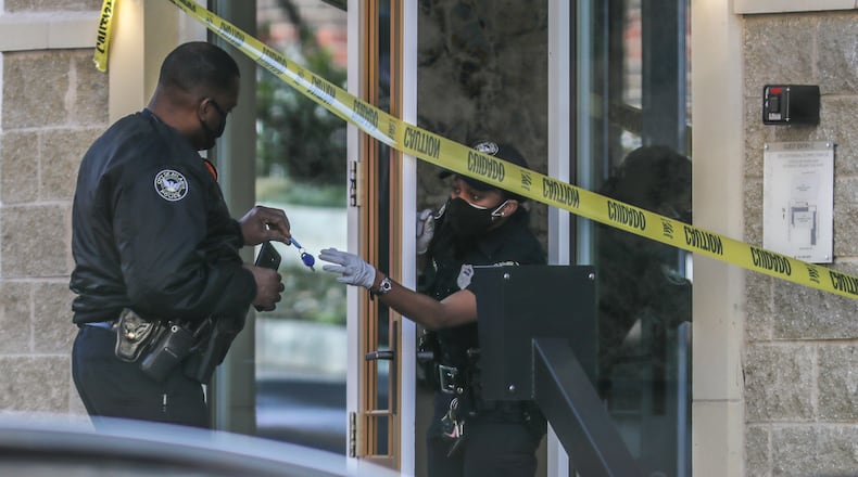 March 8, 2021 Atlanta: A shooting at a downtown Atlanta apartment complex Monday morning, March 8, 2021 sent two men to a hospital and left a hallway covered in blood. Two men were taken to a hospital shortly after 9 a.m. for treatment of “multiple gunshot wounds,” according to Atlanta police. They were expected to survive. (John Spink / John.Spink@ajc.com)
