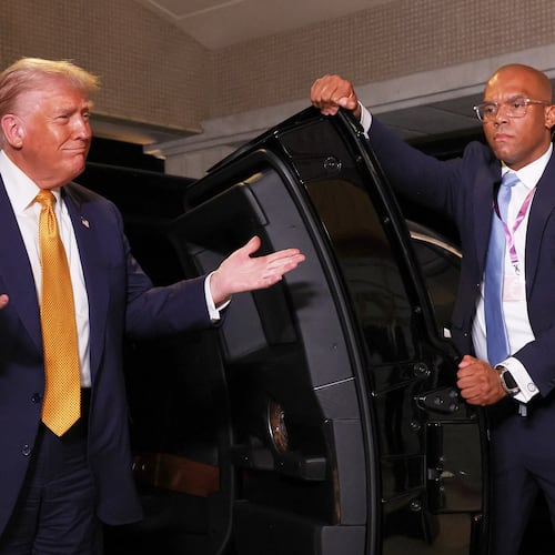 President Donald Trump, left, and Japan's Emperor Naruhito talk during their meeting at the Imperial Palace in Tokyo, Oct. 27, 2025. (Issei Kato/Pool Photo via AP)