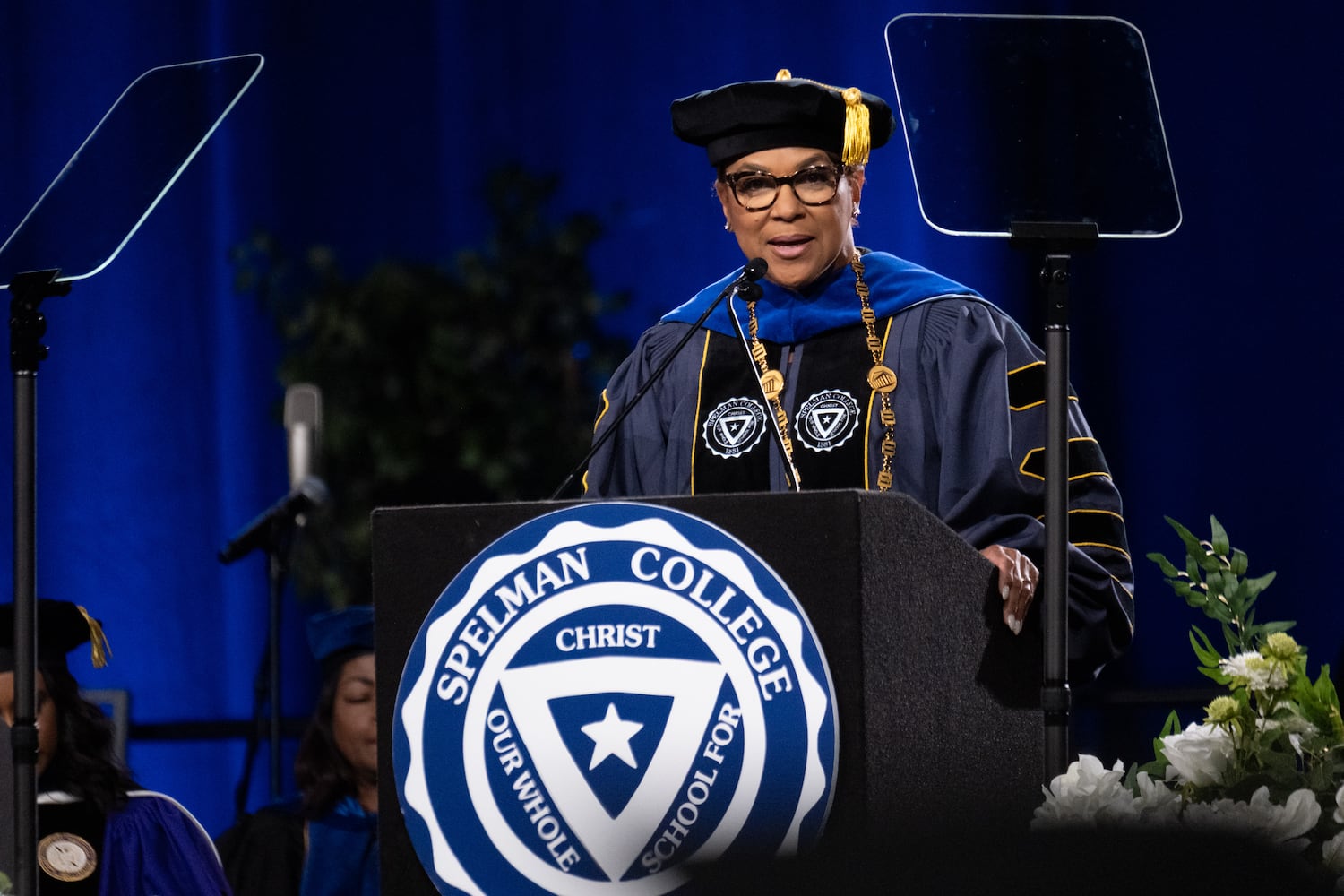Spelman College president Rosalind "Roz" Brewer speaks during the college’s graduation ceremony at the Georgia International Convention Center in College Park on Sunday, May 18, 2025.   Ben Gray for the Atlanta Journal-Constitution