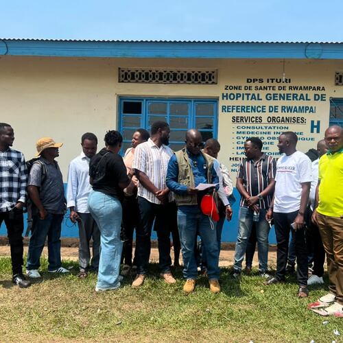 Workers at an Ebola treatment center go on strike over unpaid salaries and bonuses at Rwampara General Hospital, in Ituri, northeastern Congo, Monday, July 13, 2026, (AP Photo/Prosper Heri Ngorora)