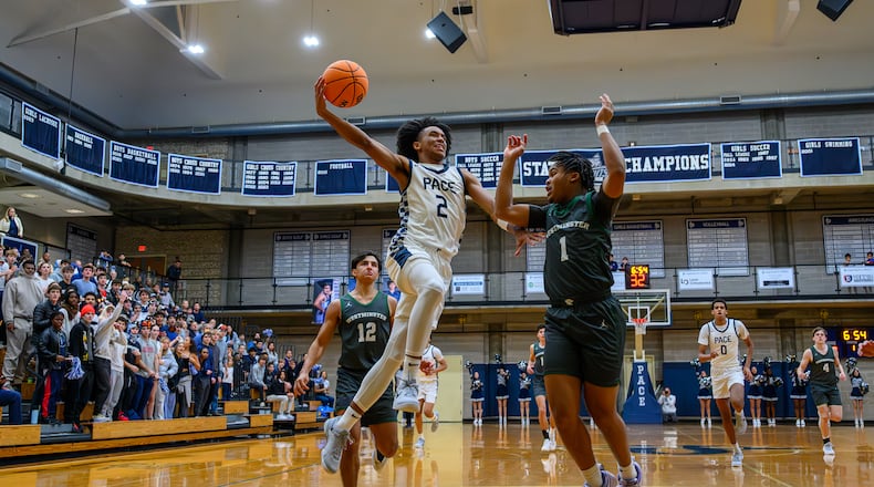 Eric Chatfield drives for a layup in a game against Westminster Schools in December 2024. Chatfield signed to play basketball for Georgia Tech. (Photo by Fred Assaf/Pace Academy)