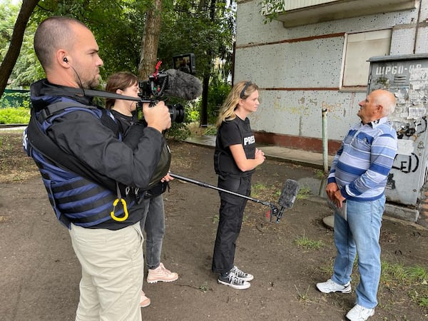 Ellison Barber (center) of NBC News while she was in the Ukraine. (Courtesy of NBC News)
