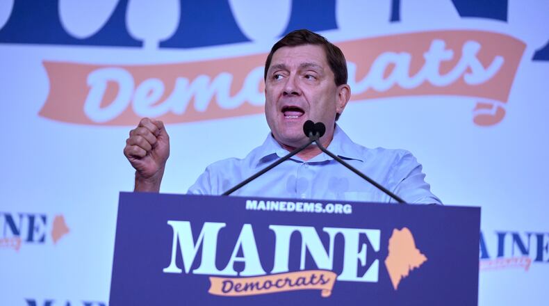 Troy Jackson, Democratic candidate for U.S. Senate, speaks at the Maine Democratic Nominating Convention, Saturday, July 25, 2026, in Bangor, Maine. (AP Photo/Robert F. Bukaty)