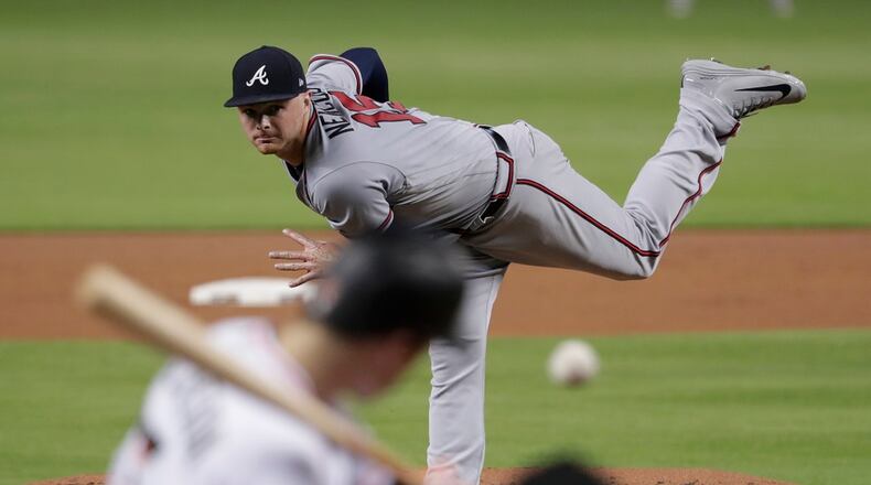 Atlanta Braves starting pitcher Sean Newcomb delivers during the first inning of the team's baseball game against the Miami Marlins, Thursday, Aug. 23, 2018, in Miami. (AP Photo/Lynne Sladky)