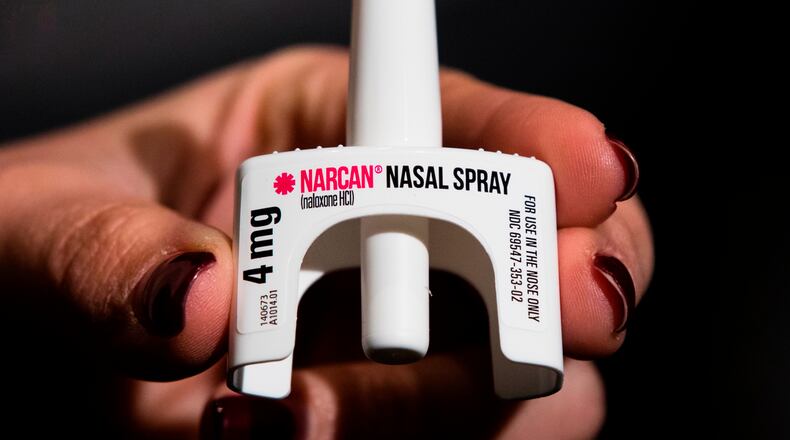 FILE - The overdose-reversal drug Narcan is displayed during training for employees of the Public Health Management Corporation (PHMC), Dec. 4, 2018, in Philadelphia. (AP Photo/Matt Rourke, File)