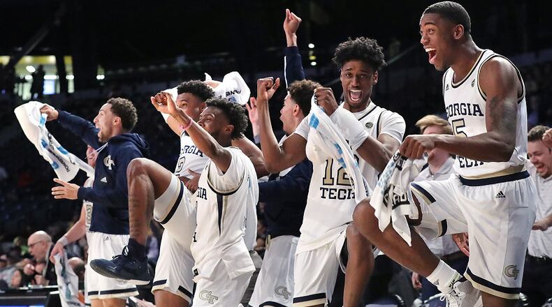 The Georgia Tech bench reacts as seldom-used teammate Niko Broadway makes a reverse layup for a basket in the final minutes of a 82-54 victory over Morehouse on Tuesday, January 28, 2020, in Atlanta. Curtis Compton ccompton@ajc.com