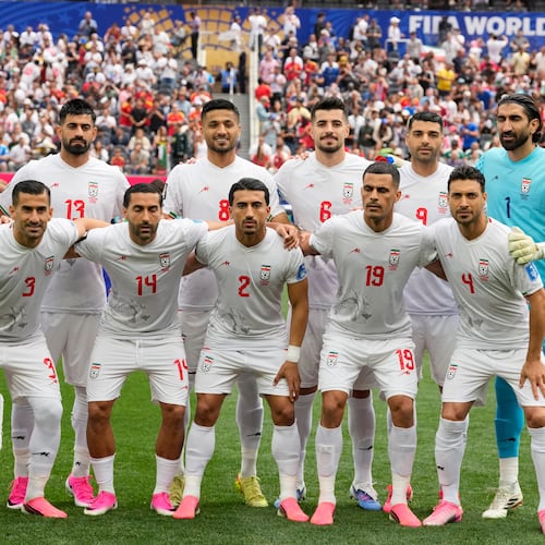 Iran team pose for a group photo prior to the World Cup Group G soccer match between Belgium and Iran in Inglewood, Calif., near Los Angeles, Sunday, June 21, 2026. (AP Photo/Andre Penner)