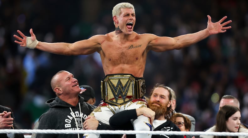 FILE - Cody Rhodes celebrates after winning the Undisputed WWE universal championship match during WrestleMania 40 in Philadelphia, on April 7, 2024. (Monica Herdon/The Philadelphia Inquirer via AP, File)