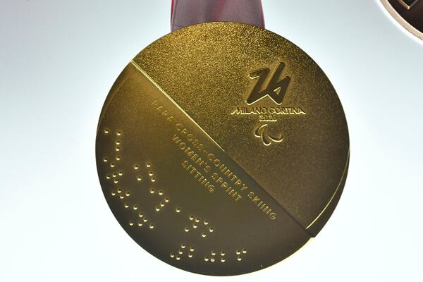 Milano Cortina 2026 Winter Paralympics Gold medal is displayed during the unveiling ceremony in Venice, Italy, Tuesday, July 15, 2025. (AP Photo/Luigi Costantini)