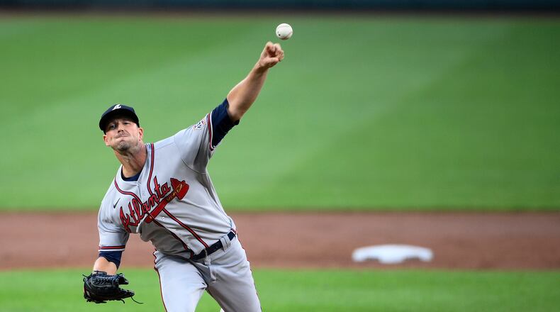 Braves starting pitcher Drew Smyly throws during the first inning against the Baltimore Orioles, Saturday, Aug. 21, 2021, in Baltimore. (Nick Wass/AP)