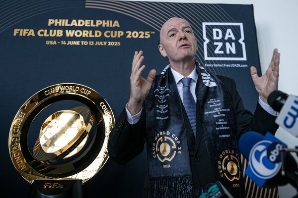 FIFA President Gianni Infantino speaks to the media at a welcoming event for the 2025 FIFA Club World Cup soccer tournament, Thursday, April 10, 2025, in Philadelphia. (Jose F. Moreno/The Philadelphia Inquirer via AP)
