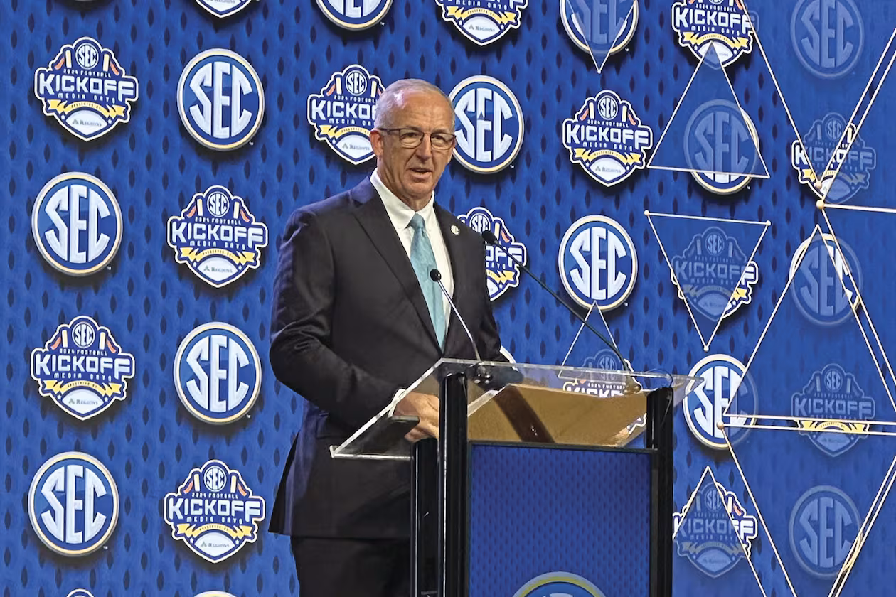 SEC commissioner Greg Sankey — pictured in 2024 — has asked for congressional involvement in stabilizing collegiate athletics, and a new bill was introduced Wednesday in the Senate by Sens. Ted Cruz and Maria Cantwell. (Hunter Dawkins/AJC 2024)