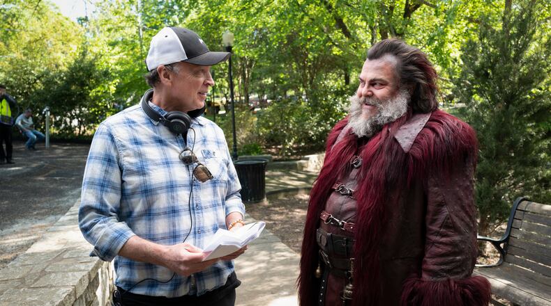Director Bobby Farrelly, left, and Jack Black on the set of "Dear Santa" in metro Atlanta in 2023. The film came out on Paramount+ on Nov. 25. (COURTESY OF PARAMOUNT+)