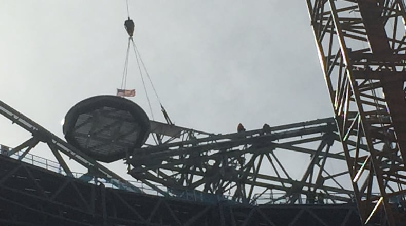 The final piece of structural steel was lifted to the Mercedes-Benz Stadium roof on Wednesday. (Contributed photo.)