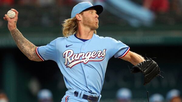 Texas Rangers starting pitcher Mike Foltynewicz delivers a pitch against the San Diego Padres in the first inning during Sunday, April 11, 2021, in Arlington, Texas. (Richard W. Rodriguez/AP)