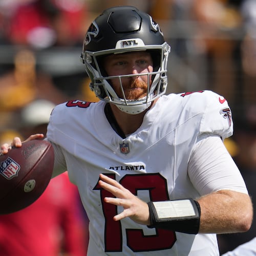 Atlanta Falcons quarterback Cooper Rush (13) looks to pass the ball during an NFL football game against the against the Pittsburgh Steelers, Sunday, Sept. 13, 2026, in Pittsburgh. (AP Photo/Gene J. Puskar)
