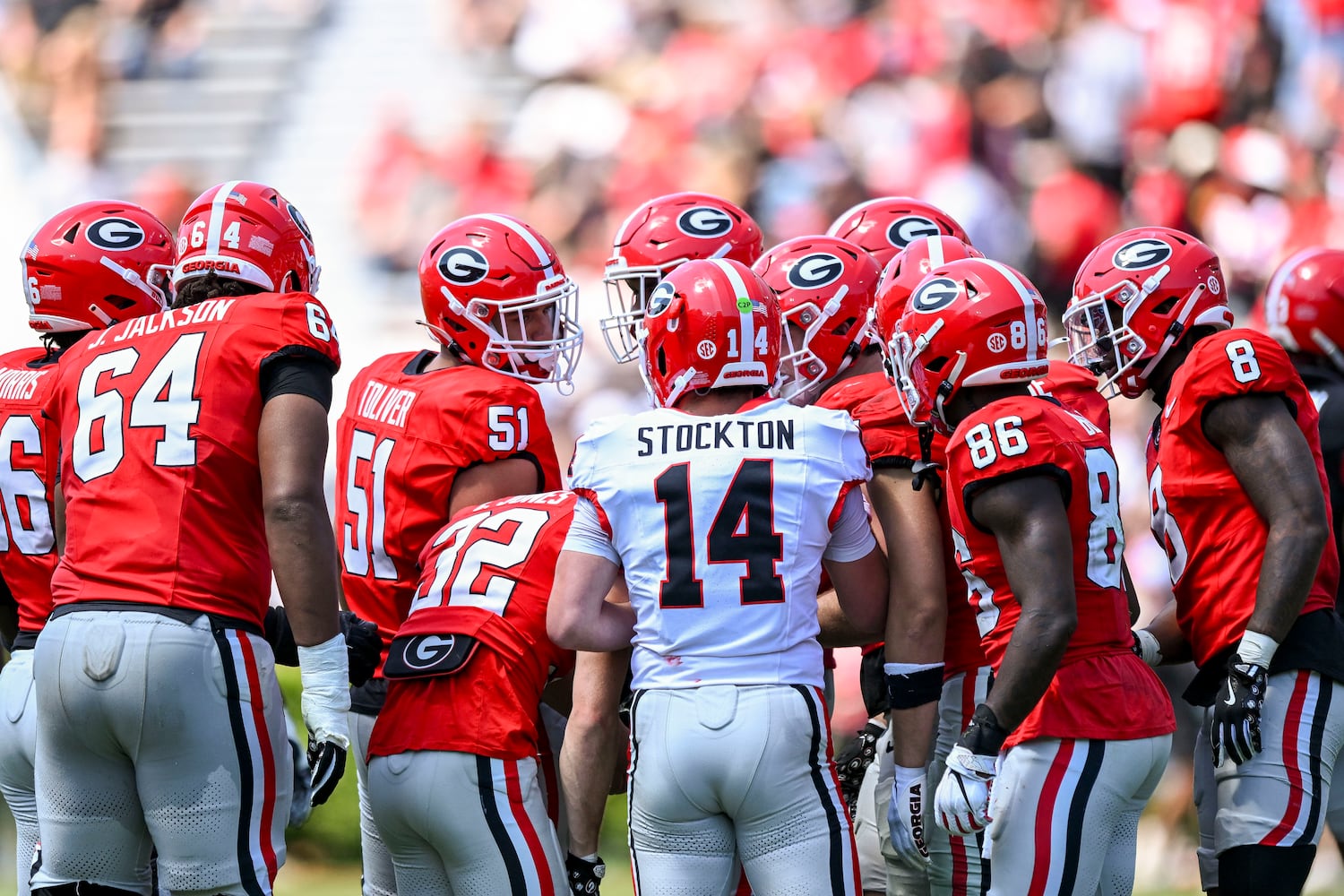 Georgia Red Team quarterback Gunner Stockton (14) huddles with teammates during the second half of the G-Day spring football game Saturday, April 12, 2025 at Sanford Stadium in Athens. (Daniel Varnado/For the Atlanta Journal-Constitution)