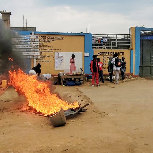 Rubble set on fire as health workers involved in Congo's Ebola response go on strike as they protest over payment issues in Bunia, Congo, Wednesday, July 15, 2026. (AP Photo/Constant Same Bagalwa)