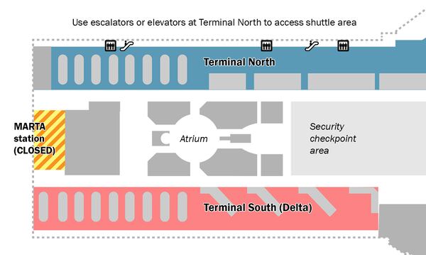 During the weeks of April 8-May 19, 2024, MARTA will run a bus bridge between Atlanta Hartsfield-Jackson International Airport and the College Park station while the airport station is under construction. Riders taking MARTA should pick up the shuttle outside the lower level of Terminal North at doors LN1 and LN2.