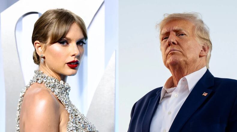 Former President Trump shared multiple fake images of young women in “Swifties for Trump” shirts, including an AI-generated image of Taylor Swift in Uncle Sam attire urging people to vote for him. (Courtesy of Arturo Holmes, Brandon Bell; Getty Images)