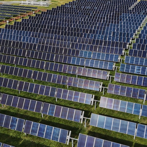 FILE - Solar panels operate, April 28, 2026, at a farm in Christiana, Tenn. (AP Photo/Joshua A. Bickel, File)