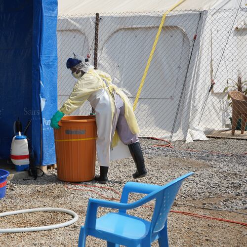 A health worker at an ebola treatment centre in Bunia, Congo, Monday, July 20, 2026. (AP Photo/Prosper Heri Ngorora)