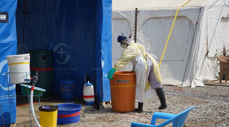 A health worker at an ebola treatment centre in Bunia, Congo, Monday, July 20, 2026. (AP Photo/Prosper Heri Ngorora)