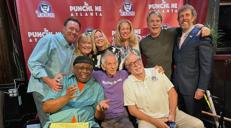 The Steve McCoy fundraiser at Punchline Comedy Club August 27, 2023. Top row (L-R) Tom Clark, Kaedy Kiely, Vikki Locke, Steve McCoy's daughter Kelly Martin, Jeff Foxworthy, Jamie Bendall. Bottom row (L-R): George Wallace, Jerry Farber, Chris DiPetta. RODNEY HO/rho@ajc.com