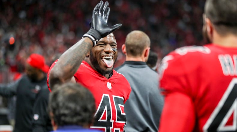 12/07/2017 -- Atlanta, GA, - Atlanta Falcons middle linebacker Deion Jones (45) celebrates after incepting the ball during the fourth quarter of the game against the New Orleans Saints at Mercedes-Benz Stadium, Thursday, December 7, 2017.  The Falcons beat the Saints, 20-7. ALYSSA POINTER/ALYSSA.POINTER@AJC.COM