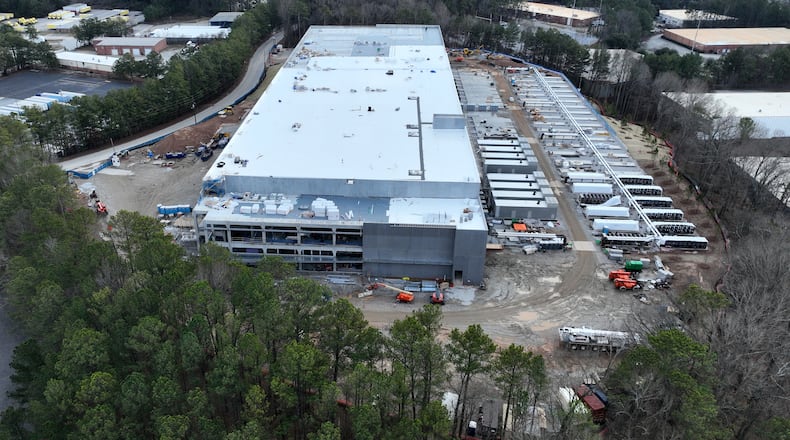 Aerial photograph shows construction site of DataBank ATL 4, at 200 Selig Drive, Saturday, December 6, 2024, in Atlanta. DataBank operates 5 data centers in metro Atlanta. (Hyosub Shin / Hyosub.Shin@ajc.com)