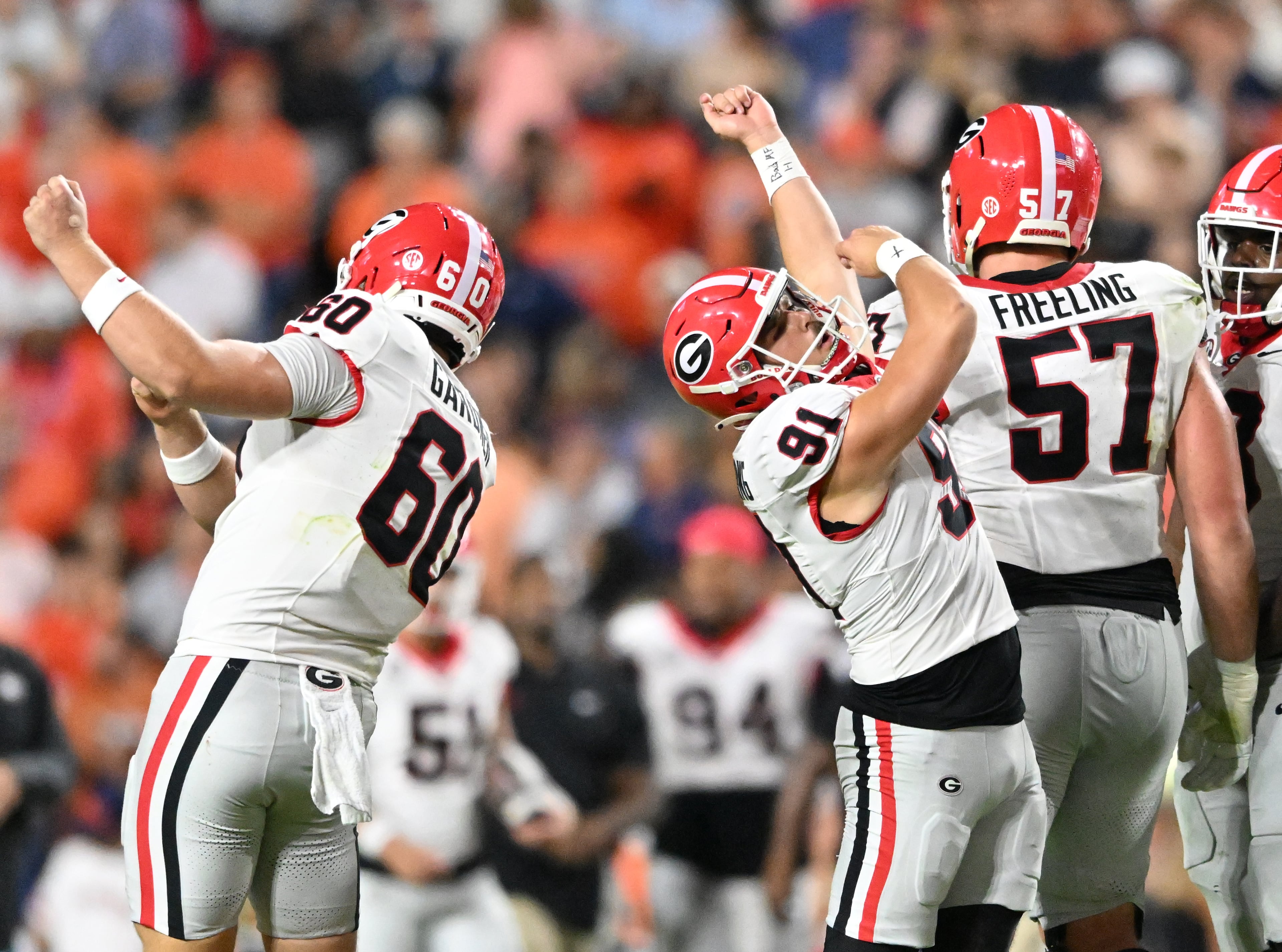 Georgia kicker Peyton Woodring (91) celebrates after hitting a field goal during the second half in a NCAA college football game at Jordan-Hare Stadium, Saturday, October 11, 2025, in Auburn, Ala. Georgia won 20-10 overAuburn. (Hyosub Shin / AJC)